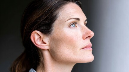 Close up profile of a mature woman with blue eyes and freckled skin looking upwards