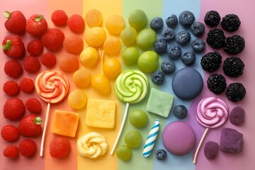 Rainbow Sweets and Berries Flat Lay Composition