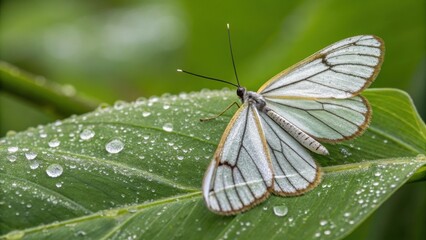 Obraz premium Close up of a beautiful white butterfly resting on a green leaf