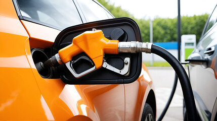 Close-up of orange spot color car being fueled at gas station. Fuel pump nozzle inserted into car fuel tank. Petrol filling, vehicle transportation, industry, energy, modern tech concept.