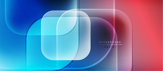 Abstract gradients, rounded shapes, overlapping layers create modern design. Blue, red hues dominate composition. Minimal text present.