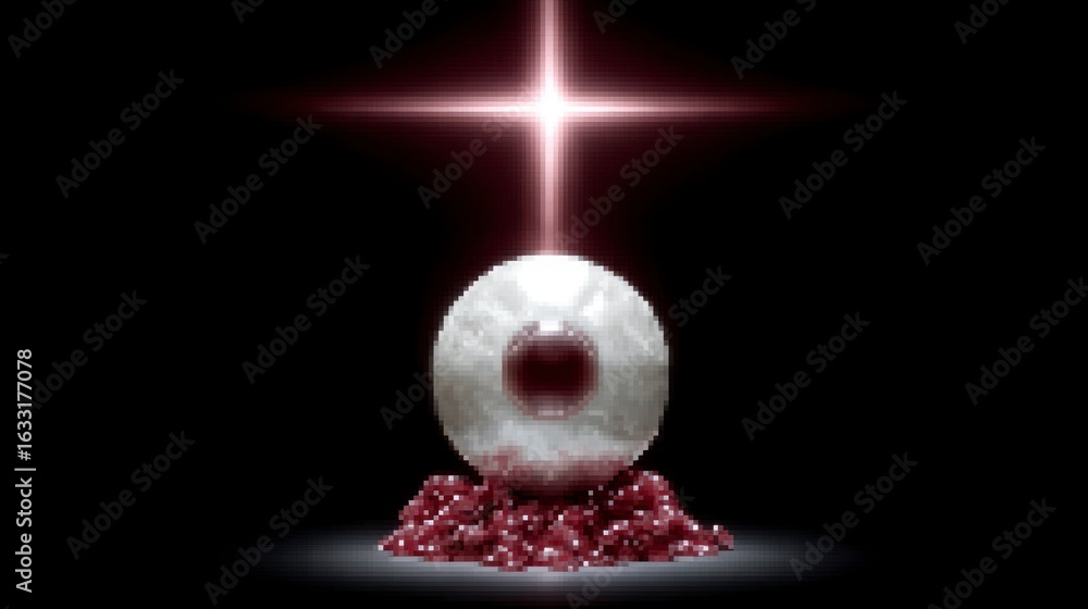 Poster pixelated eyeball resting on red particles with a glowing cross shape emanating from above