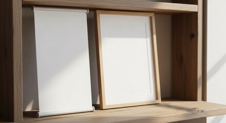 A narrow, blank vertical banner next to an blank portrait frame leaning on a shelf, soft daylight