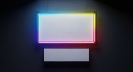 Hanging blank frame mockup with neon light border and small blank banner below.