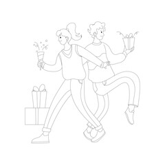 Simple hand-drawn line art of two happy young people celebrating Christmas with gifts and festive energy