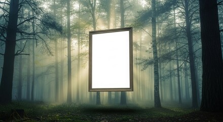 blank frame mockup floating in foggy forest, surreal atmosphere, early morning