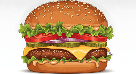 Colorful Burger with Lettuce and Tomato Cartoon Style