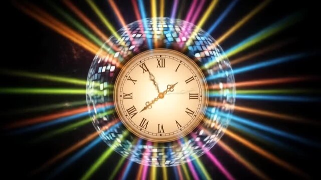 Clock face inside glowing disco ball with bursting rainbow light rays. Time celebration concept