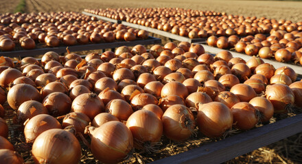 Obraz premium Rows of golden onions drying on racks in an open field during the autumn harvest season