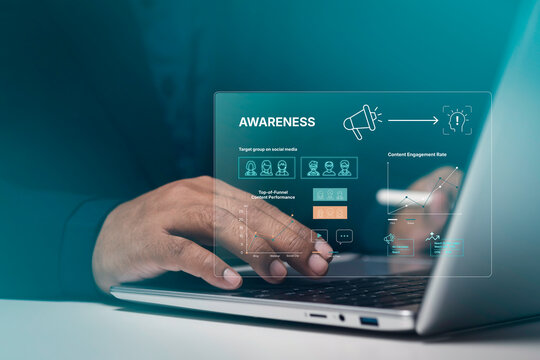 Brand awareness, social media awareness campaign dashboard, content performance, engagement rate, top-of-funnel, targeted audience, marketing data, click rate, graph analysis, insight visualization