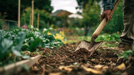 Fototapeta premium Worker spreads compost in vegetable garden to enhance soil health and support plant growth during a sunny afternoon