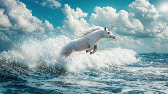 Majestic unicorn leaps over waves