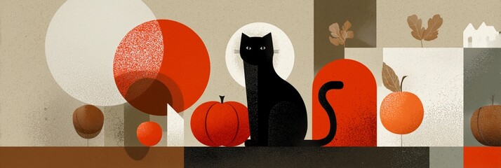Stylized black cat surrounded by geometric shapes and pumpkins. The artwork features vibrant autumn colors and a minimalistic design, creating a cozy seasonal atmosphere.