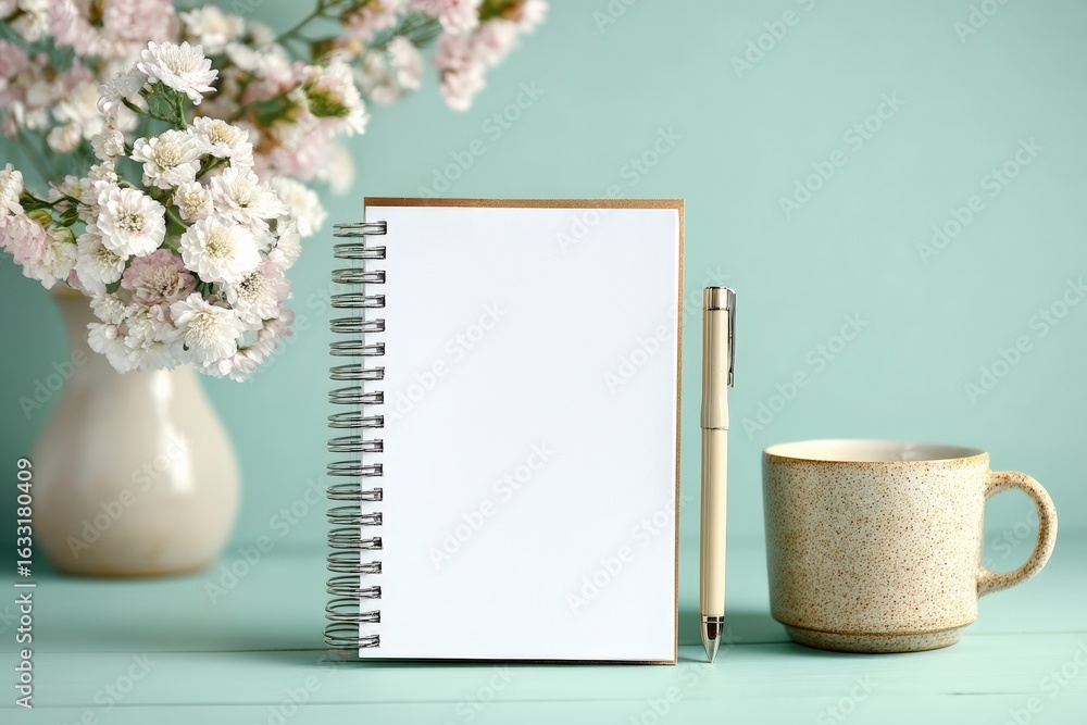Poster blank notepad with pen and coffee cup on a teal table with flowers, composing a relaxing setting for