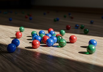 Colorful marbles scattered on a sunlit floor evoke carefree childhood games and playful nostalgia, perfect for toy stores, educational blogs, and family brands