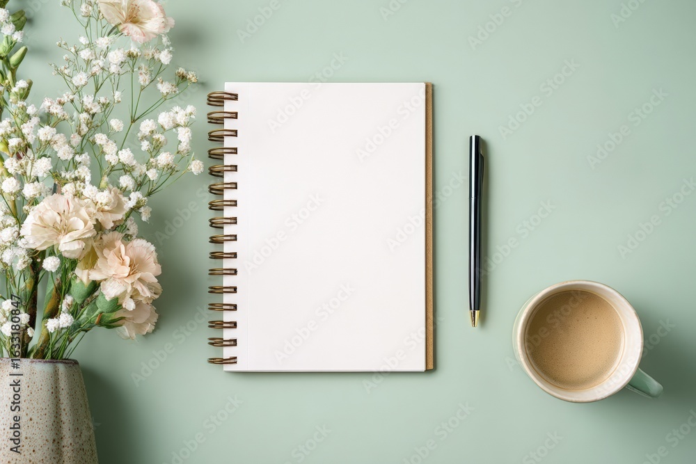 Poster notebook with blank pages, pen and cup of coffee on a green desk, composing a relaxing writing setti