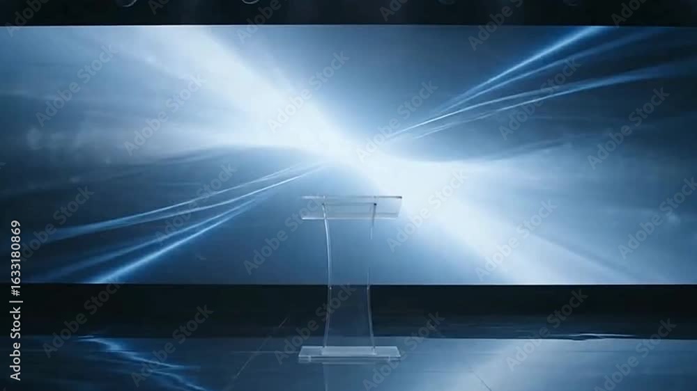 Poster a translucent podium stands on a reflective surface framed by a digital backdrop of stylized interse