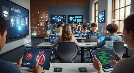 Students using tablets in a classroom with e learning displayed on a large screen and digital overlays
