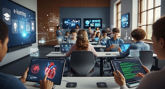 Students using tablets in a classroom with e learning displayed on a large screen and digital overlays