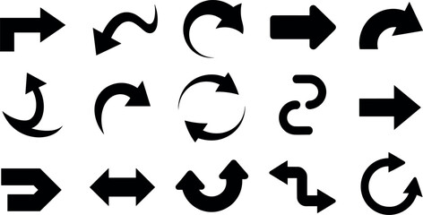 Collection of diverse black arrows showing various directions and curved designs on a white background