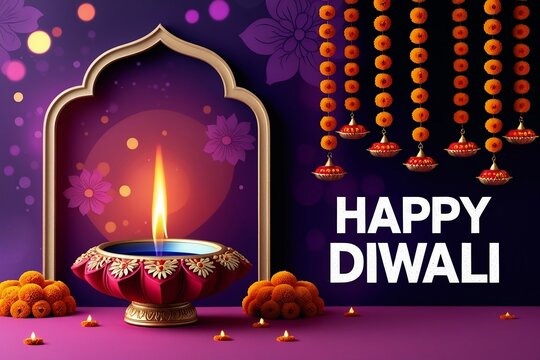 Happy Diwali greeting card with glowing traditional diya lamp, festive marigold decorations, and vibrant purple background – AI-Generated