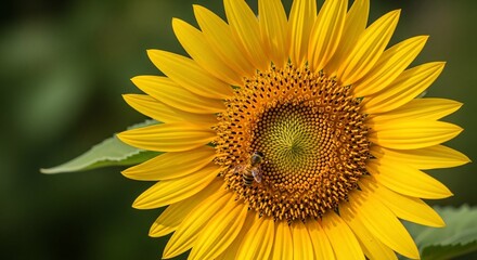 A close-up of a vibrant yellow sunflower with a bee collecting pollen from its intricate, spiral center.