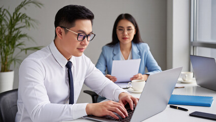 Obraz premium An attentive office worker types diligently on a modern laptop in a well-lit office setting. Meanwhile, a colleague reviews documents.