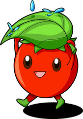 Funny cartoon tomato with leaf umbrella