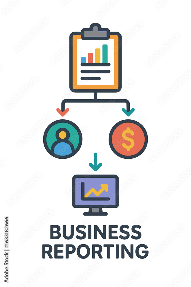 Poster business reporting concept with financial data and analysis tools business reporting flow organizati
