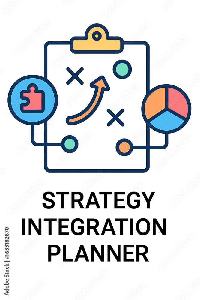 Poster strategy integration planner with icons and colorful visuals strategy integration planner