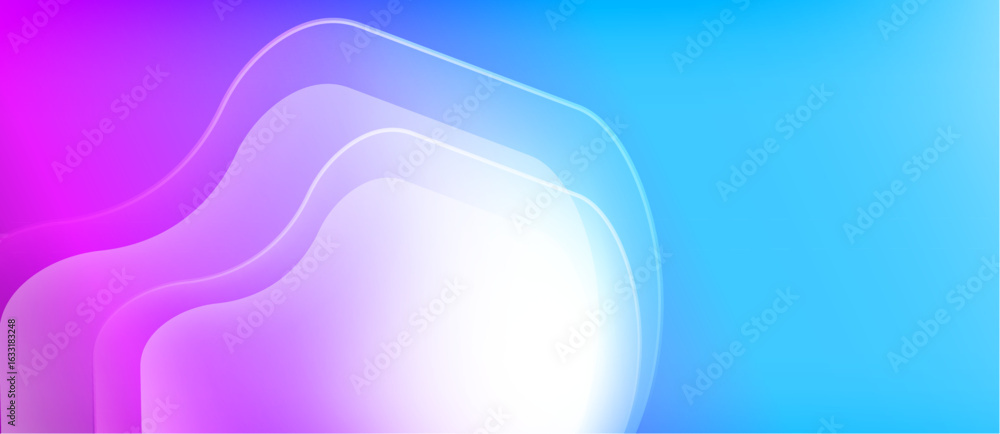 Poster abstract background features flowing layers, purple to blue gradient. soft light emanates from cente