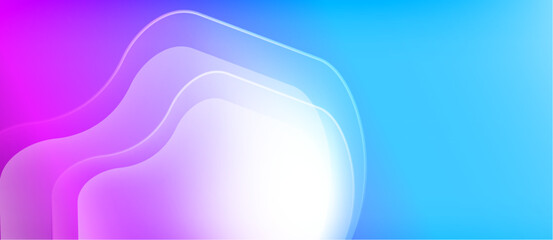 Abstract background features flowing layers, purple to blue gradient. Soft light emanates from center, creating dynamic visual effect.