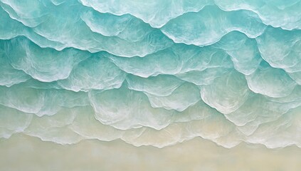 A close-up aerial view of the pristine white sandy beach and turquoise ocean waves in Bora Bora, capturing the serene beauty with a soft focus on gentle ripples. The composition is centered around