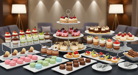 Dessert Buffet with Colorful Assorted Cakes and Pastries