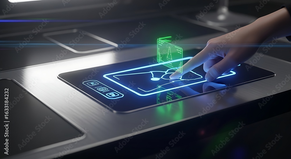 Aufkleber a hand interacting with a futuristic touch screen interface with holographic display above it