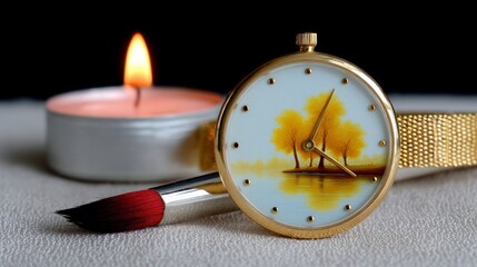 A painting of autumn trees on a watch face rests next to a lit candle and paintbrush