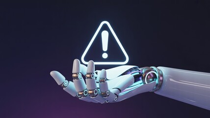 Robotic hand holding warning sign ai risk artificial intelligence danger technology caution 3d illustration.