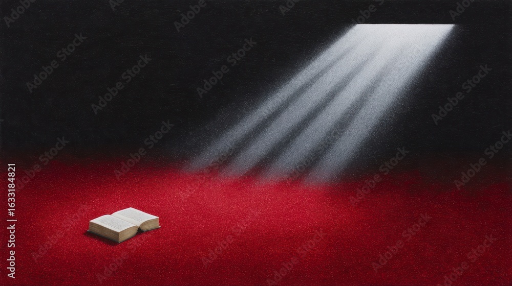 Poster open book illuminated by angled light beams on a textured red surface illumination