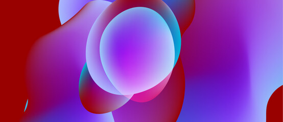 Abstract vibrant shapes overlap. Colors blend, creating smooth gradients. Red, purple, blue dominate composition. Modern design.