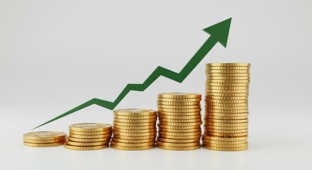 Financial Growth: Gold Coins and Green Arrow Rising on White Background