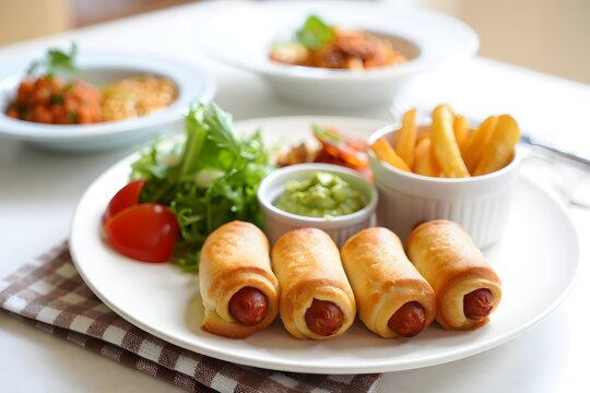 Delicious pigs in a blanket served with a fresh green salad and crispy french fries - Powered by Adobe