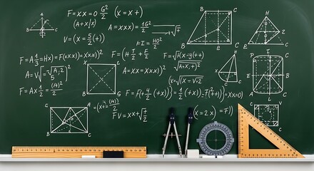 A green chalkboard filled with mathematical equations and geometric diagrams with tools below
