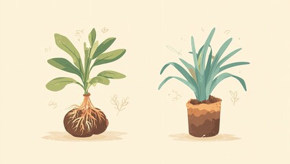 Two potted plants, one in the ground, one in a pot