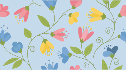The image is a pastel-toned floral pattern with pink, yellow, and blue flowers on green stems against a light blue background.