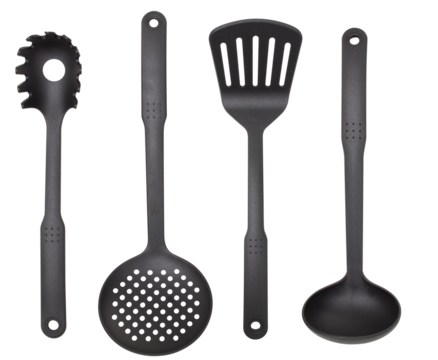 Plastic ladle and spoon kitchen utensil set cut out isolated transparent background - Powered by Adobe