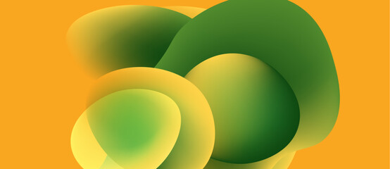 Abstract shapes overlap, creating vibrant gradients. Yellows, greens dominate composition. Smooth forms suggest fluidity, depth. Minimalist design.