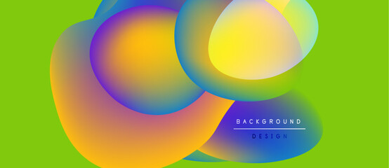 Abstract colorful shapes overlap vibrant green backdrop. Modern design features smooth gradients, creating dynamic visual effect.