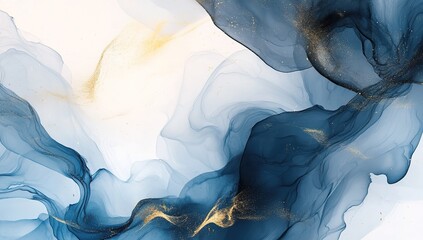 A close-up of an abstract painting with swirling patterns in blue, white, and black, resembling flowing watercolors and fluid shapes. The background is neutral or light-colored to highlight