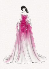 Fototapeta premium Fashion illustration. Gown dress. Evening gown. Sketch. Watercolor drawing. Pink color. Couture illustration