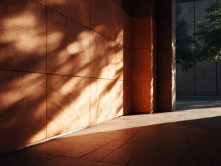 Palm leaf shadow on white wall and cream pastel floor. Abstract background of shadows palm leaf for creative summer minimal mock-up. Neutral tropical palm mockup on light backdrop.Geometric background